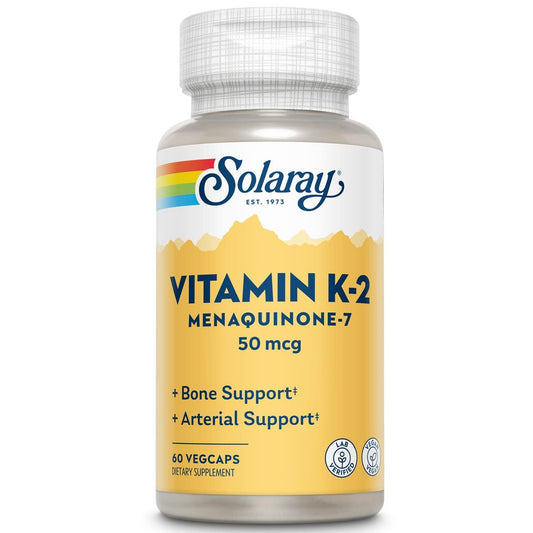 SOLARAY Vitamin K-2 als MK-7 50 mcg – Vitamin K2 MK7 Nahrungsergänzung für Knochengesundheit, Vit K2 als Menaquinon für Frauen und Männer – 60 vegane Kapseln