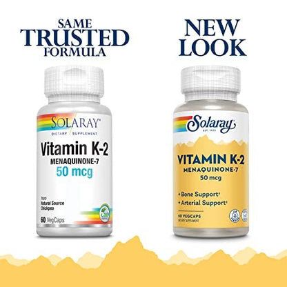 SOLARAY Vitamin K-2 als MK-7 50 mcg – Vitamin K2 MK7 Nahrungsergänzung für Knochengesundheit, Vit K2 als Menaquinon für Frauen und Männer – 60 vegane Kapseln