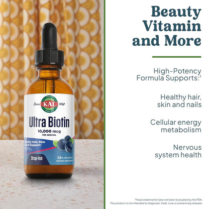 KAL Ultra Biotin 10000mcg DropIns – Flüssige Biotin-Tropfen für Haar, Haut & Nägel, hochdosiertes Vitamin B7, natürlicher Beeren-Mix-Geschmack, 59 ml (ca. 59 Portionen)