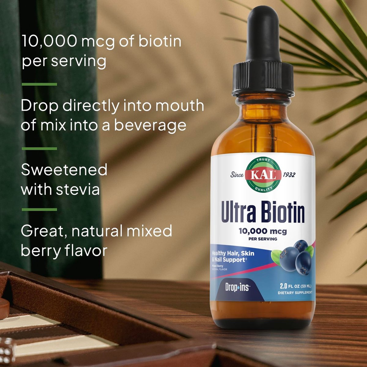 KAL Ultra Biotin 10000mcg DropIns – Flüssige Biotin-Tropfen für Haar, Haut & Nägel, hochdosiertes Vitamin B7, natürlicher Beeren-Mix-Geschmack, 59 ml (ca. 59 Portionen)