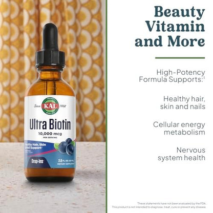 KAL Ultra Biotin 10000mcg DropIns – Flüssige Biotin-Tropfen für Haar, Haut & Nägel, hochdosiertes Vitamin B7, natürlicher Beeren-Mix-Geschmack, 59 ml (ca. 59 Portionen)