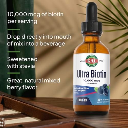 KAL Ultra Biotin 10000mcg DropIns – Flüssige Biotin-Tropfen für Haar, Haut & Nägel, hochdosiertes Vitamin B7, natürlicher Beeren-Mix-Geschmack, 59 ml (ca. 59 Portionen)