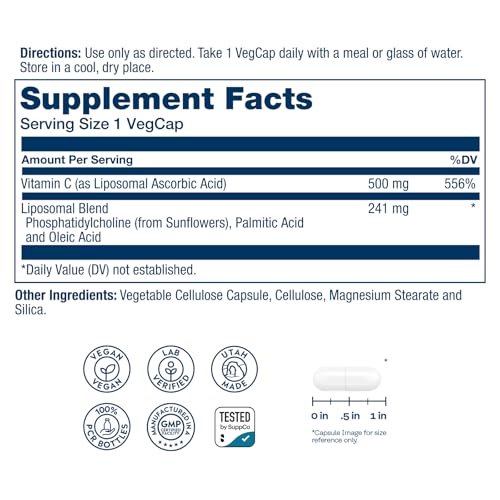 SOLARAY Liposomales Vitamin C 500 mg – Verbesserte Absorption durch Liposomen mit Fettsäuren – Antioxidans und Immununterstützung – Vegan, 60-Tage-Garantie, 100 Portionen, 100 VegKaps