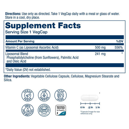 SOLARAY Liposomales Vitamin C 500 mg – Verbesserte Absorption durch Liposomen mit Fettsäuren – Antioxidans und Immununterstützung – Vegan, 60-Tage-Garantie, 100 Portionen, 100 VegKaps