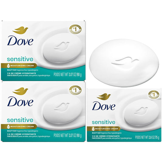 Dove Beauty Bar Seife für empfindliche Haut, 2-Größen-Variety 3er-Pack mit Feuchtigkeitscreme für weiche, glatte Haut, hypoallergen, duftstofffrei
