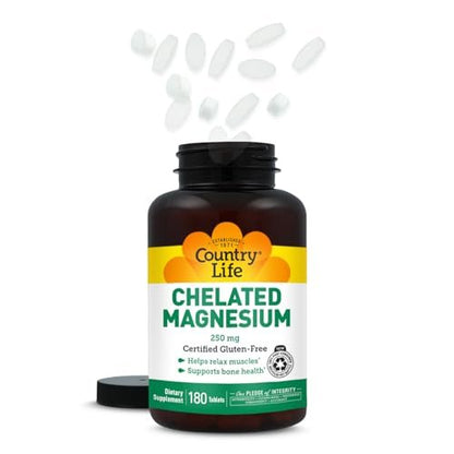 Country Life Chelated Magnesium 250mg – Unterstützt Herz, Knochen & Muskeln, Vegan & Glutenfrei