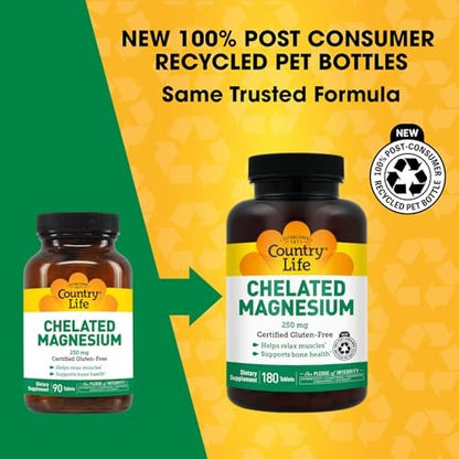 Country Life Chelated Magnesium 250mg – Unterstützt Herz, Knochen & Muskeln, Vegan & Glutenfrei