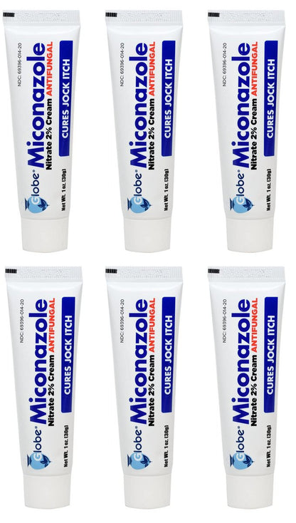 Miconazole Globe (6er-Pack) 2% Nitrat Antipilzcreme – Behandelt Fußpilz, Juckreiz, Ringelflechte und mehr, 1 OZ Tube
