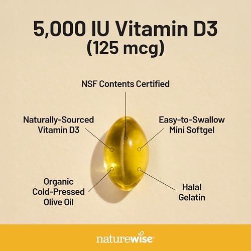 NatureWise Vitamin D3 5000 IE (125 µg) – 200-Tage-Vorrat für Immunsystem, Muskelfunktion und Knochengesundheit – Non-GMO, glutenfrei in biologischem, nativem Olivenöl (Mini-Weichkapseln), 200 Stück