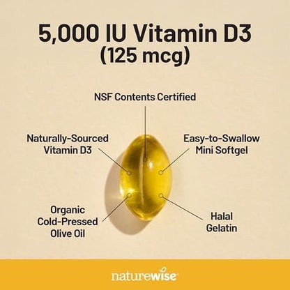 NatureWise Vitamin D3 5000 IE (125 µg) – 200-Tage-Vorrat für Immunsystem, Muskelfunktion und Knochengesundheit – Non-GMO, glutenfrei in biologischem, nativem Olivenöl (Mini-Weichkapseln), 200 Stück