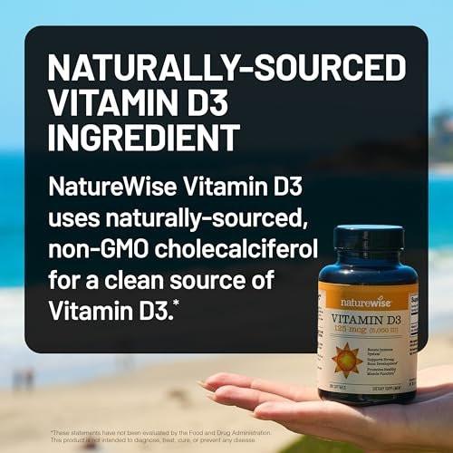 NatureWise Vitamin D3 5000 IE (125 µg) – 200-Tage-Vorrat für Immunsystem, Muskelfunktion und Knochengesundheit – Non-GMO, glutenfrei in biologischem, nativem Olivenöl (Mini-Weichkapseln), 200 Stück