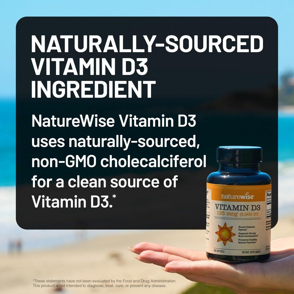 NatureWise Vitamin D3 5000 IE (125 µg) – 200-Tage-Vorrat für Immunsystem, Muskelfunktion und Knochengesundheit – Non-GMO, glutenfrei in biologischem, nativem Olivenöl (Mini-Weichkapseln), 200 Stück
