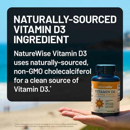 NatureWise Vitamin D3 5000 IE (125 µg) – 200-Tage-Vorrat für Immunsystem, Muskelfunktion und Knochengesundheit – Non-GMO, glutenfrei in biologischem, nativem Olivenöl (Mini-Weichkapseln), 200 Stück