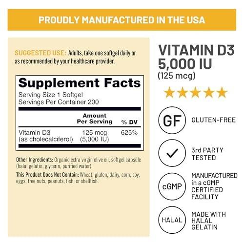 NatureWise Vitamin D3 5000 IE (125 µg) – 200-Tage-Vorrat für Immunsystem, Muskelfunktion und Knochengesundheit – Non-GMO, glutenfrei in biologischem, nativem Olivenöl (Mini-Weichkapseln), 200 Stück