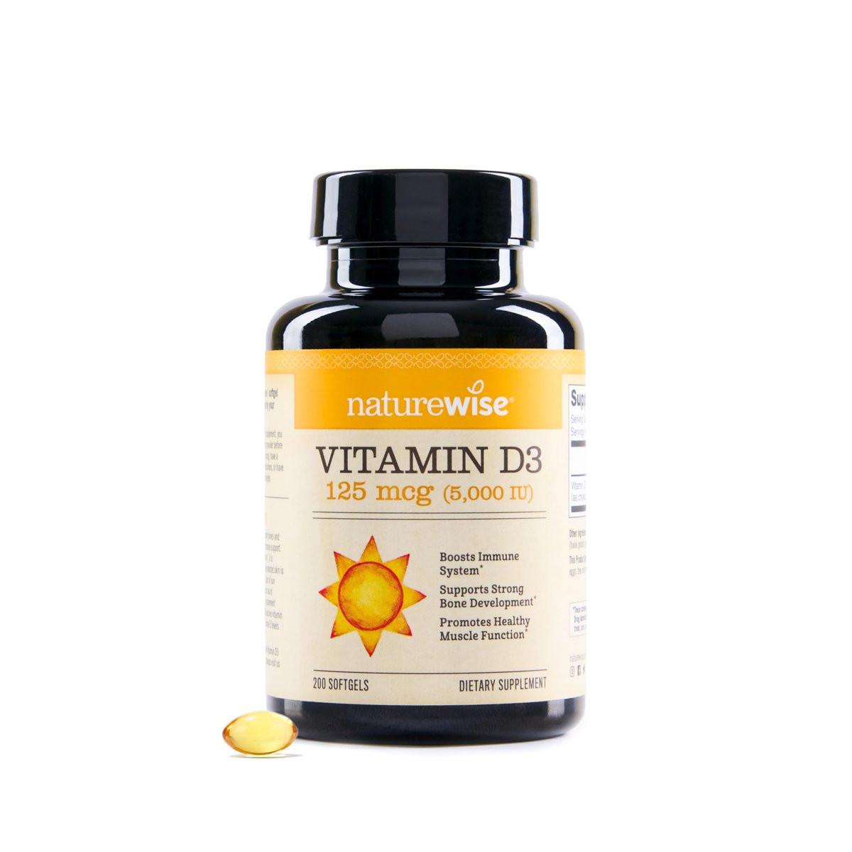 NatureWise Vitamin D3 5000 IE (125 µg) – 200-Tage-Vorrat für Immunsystem, Muskelfunktion und Knochengesundheit – Non-GMO, glutenfrei in biologischem, nativem Olivenöl (Mini-Weichkapseln), 200 Stück