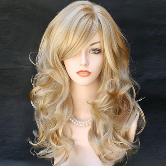 Kalyss Blonde Perücke mit Pony – Lange blonde lockige Perücke für Frauen, hitzebeständiges Kunsthaar, wellige blonde Highlights, 22 Zoll