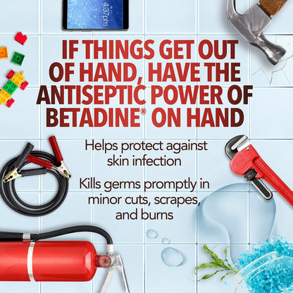 Betadine Antiseptisches Erste-Hilfe-Spray, Povidon-Iod 5%, Infektionsschutz, Keimtötend bei kleinen Schnitten, Schürfwunden und Verbrennungen, Ohne Stechen, Ohne Alkohol oder Wasserstoffperoxid, 88,7 ml