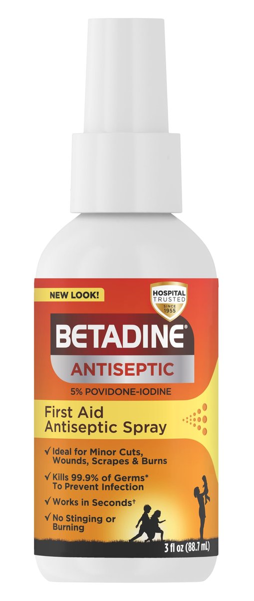 Betadine Antiseptisches Erste-Hilfe-Spray, Povidon-Iod 5%, Infektionsschutz, Keimtötend bei kleinen Schnitten, Schürfwunden und Verbrennungen, Ohne Stechen, Ohne Alkohol oder Wasserstoffperoxid, 88,7 ml