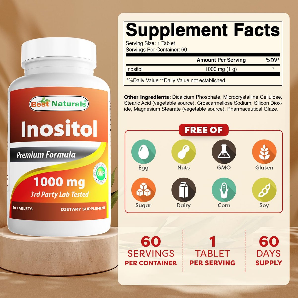 Best Naturals Inositol 1000 mg – 60 Tabletten – Nahrungsergänzungsmittel mit Vitamin B8