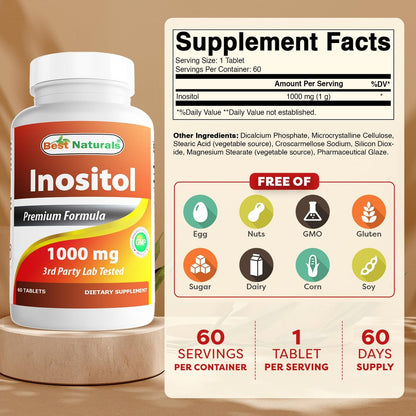 Best Naturals Inositol 1000 mg – 60 Tabletten – Nahrungsergänzungsmittel mit Vitamin B8