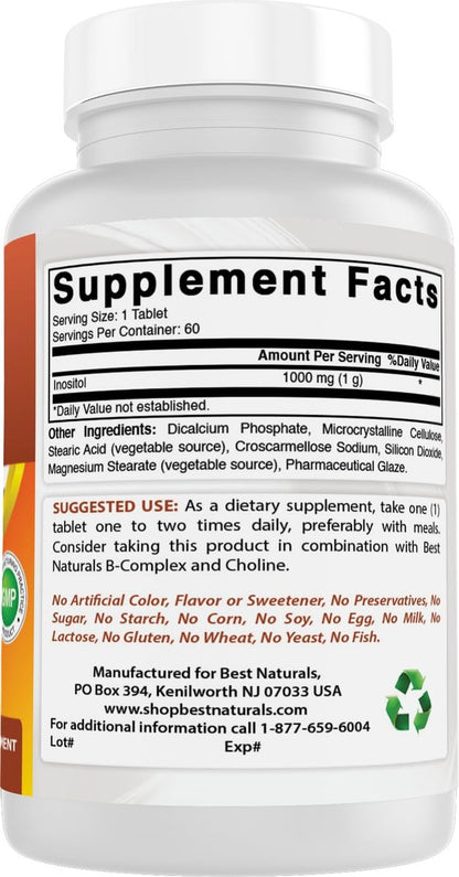 Best Naturals Inositol 1000 mg – 60 Tabletten – Nahrungsergänzungsmittel mit Vitamin B8