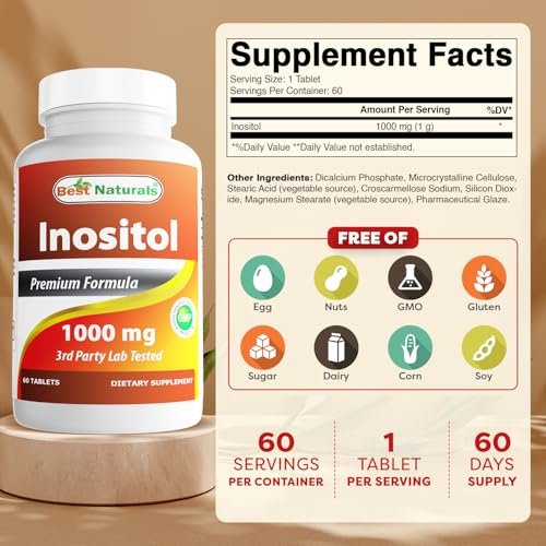Best Naturals Inositol 1000 mg – 60 Tabletten – Nahrungsergänzungsmittel mit Vitamin B8