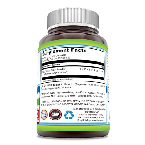 Pure Naturals Rotschimmelreis 1200 mg pro Portion, 240 Kapseln – Nahrungsergänzung, Nicht-GVO, Glutenfrei, Hergestellt in USA