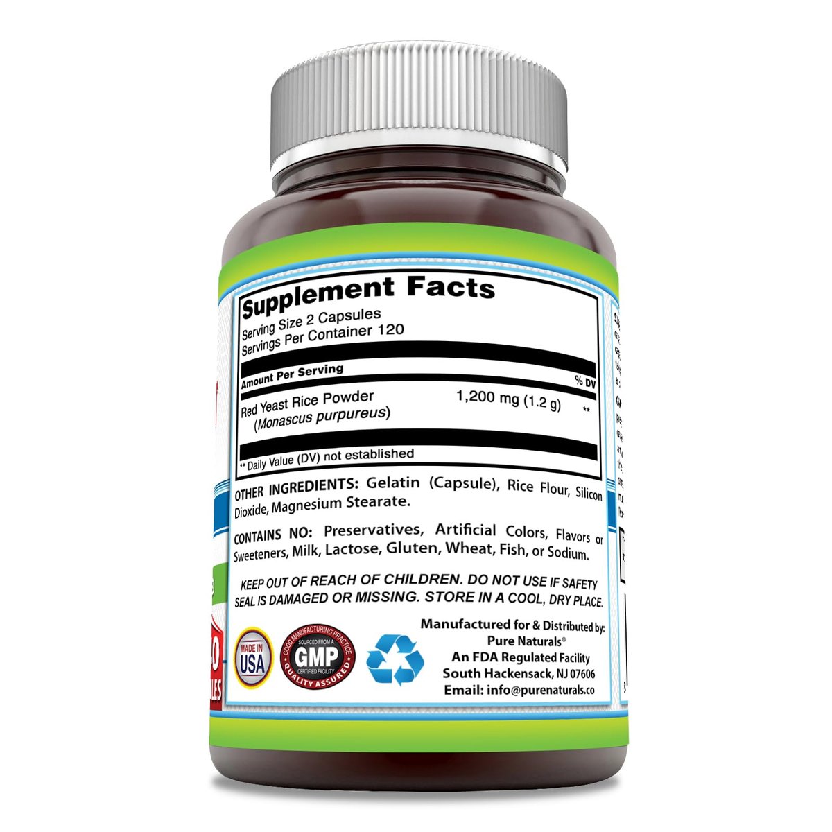 Pure Naturals Rotschimmelreis 1200 mg pro Portion, 240 Kapseln – Nahrungsergänzung, Nicht-GVO, Glutenfrei, Hergestellt in USA
