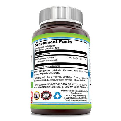 Pure Naturals Rotschimmelreis 1200 mg pro Portion, 240 Kapseln – Nahrungsergänzung, Nicht-GVO, Glutenfrei, Hergestellt in USA