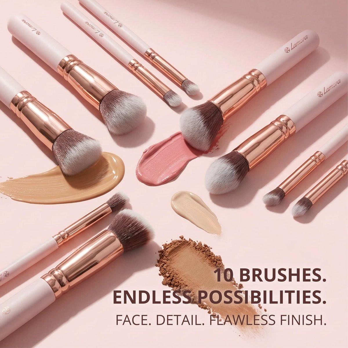 Lamora Kabuki Makeup Pinselset – 10-teiliges Set mit Premium Synthetikborsten für Foundation, Puder, Concealer und Contouring