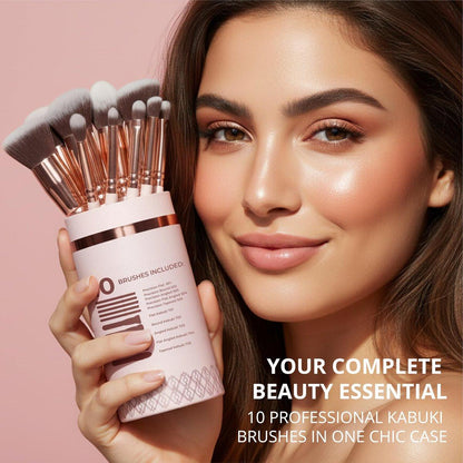 Lamora Kabuki Makeup Pinselset – 10-teiliges Set mit Premium Synthetikborsten für Foundation, Puder, Concealer und Contouring