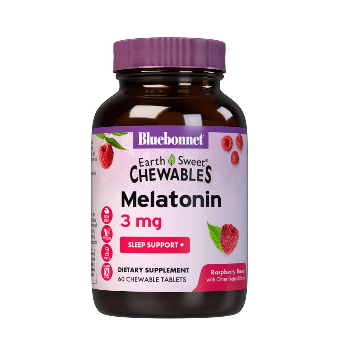 Bluebonnet Nutrition EarthSweet Melatonin 3 mg – Schnell lösliche Tabletten für erholsamen Schlaf & Entspannung – Vegan, glutenfrei – 60 Tabletten (Himbeergeschmack)