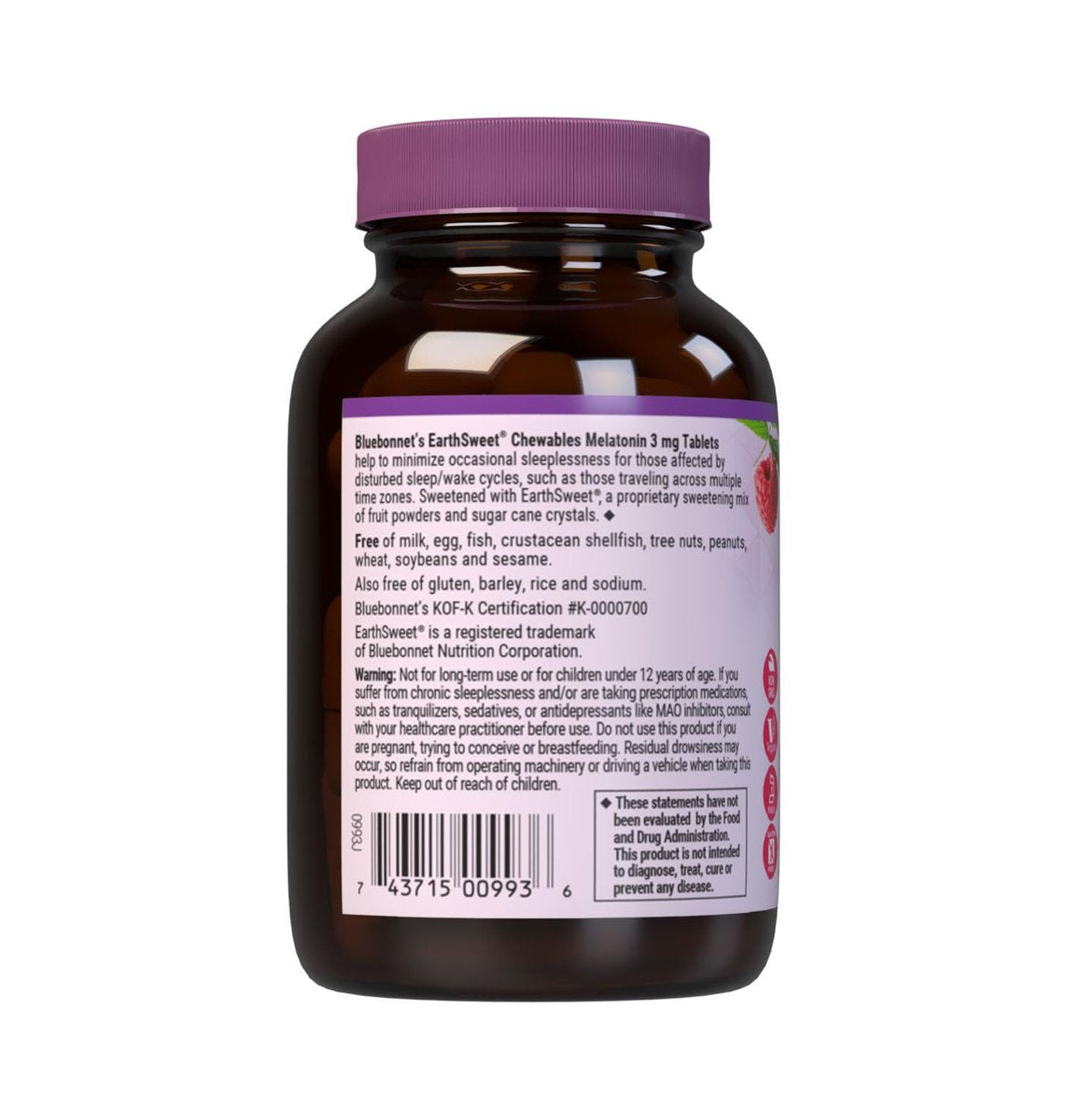 Bluebonnet Nutrition EarthSweet Melatonin 3 mg – Schnell lösliche Tabletten für erholsamen Schlaf & Entspannung – Vegan, glutenfrei – 60 Tabletten (Himbeergeschmack)