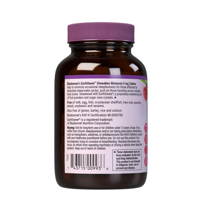 Bluebonnet Nutrition EarthSweet Melatonin 3 mg – Schnell lösliche Tabletten für erholsamen Schlaf & Entspannung – Vegan, glutenfrei – 60 Tabletten (Himbeergeschmack)