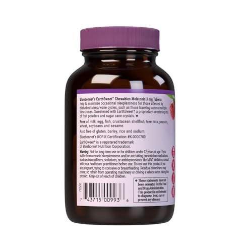 Bluebonnet Nutrition EarthSweet Melatonin 3 mg – Schnell lösliche Tabletten für erholsamen Schlaf & Entspannung – Vegan, glutenfrei – 60 Tabletten (Himbeergeschmack)