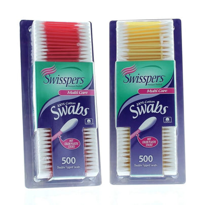 Swisspers Hot Color Wattestäbchen, 100% Baumwolle, Farbige Kunststoffstiele, 500 Stück pro Packung (Farbe kann variieren) - 2er-Pack