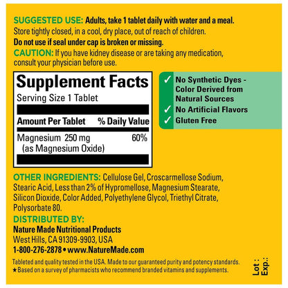 Nature Made Magnesiumoxid 250 mg – Magnesium für Muskeln, Herz, Knochen und Nerven – 100 Tabletten, 100 Tage Versorgung