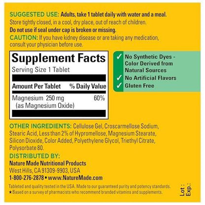 Nature Made Magnesiumoxid 250 mg – Magnesium für Muskeln, Herz, Knochen und Nerven – 100 Tabletten, 100 Tage Versorgung