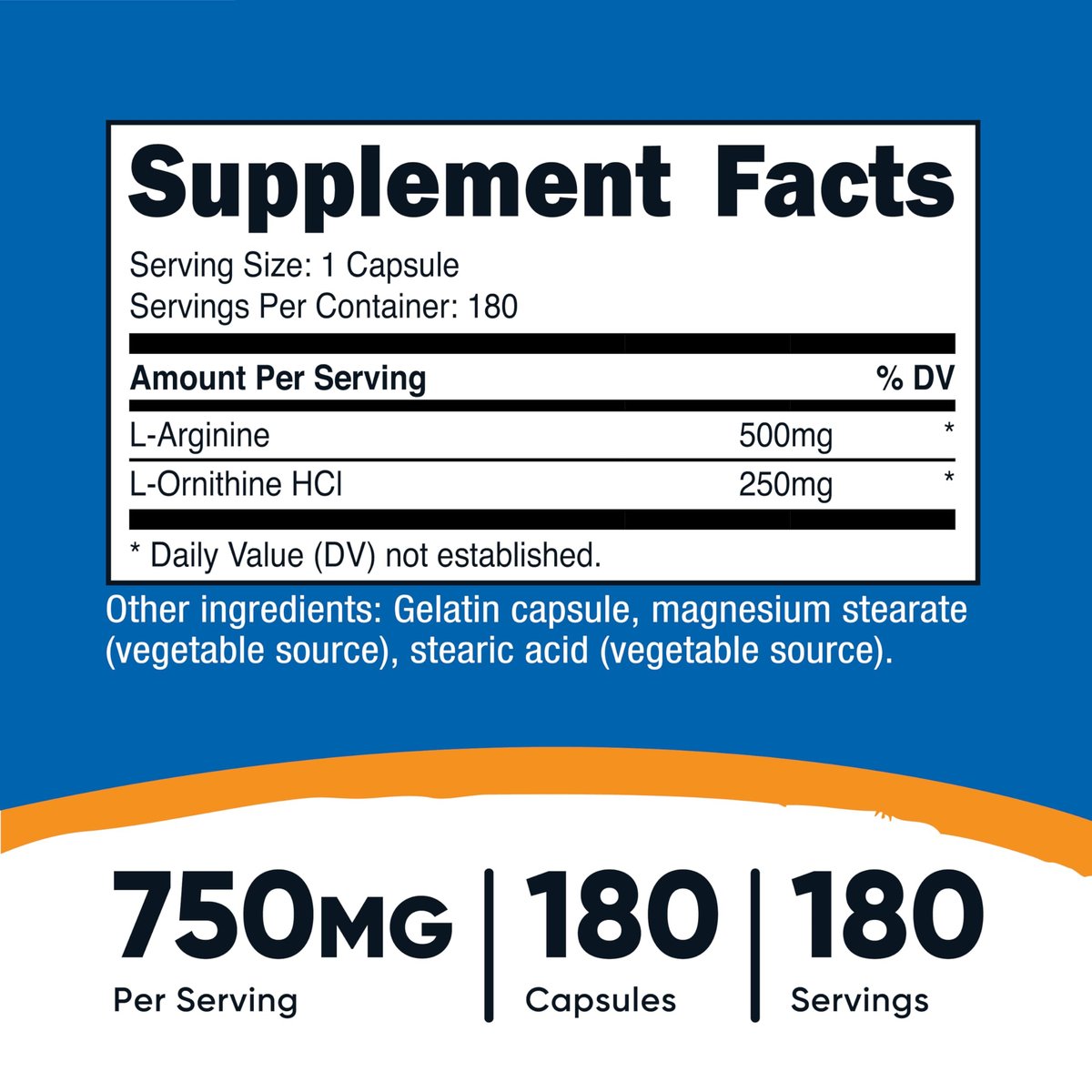 Nutricost L-Arginin L-Ornithin 750mg – 180 Kapseln, Nahrungsergänzungsmittel