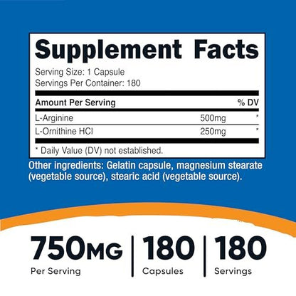Nutricost L-Arginin L-Ornithin 750mg – 180 Kapseln, Nahrungsergänzungsmittel