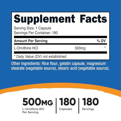 Nutricost L-Ornithin 500mg, 180 Kapseln - Non-GMO & Glutenfrei