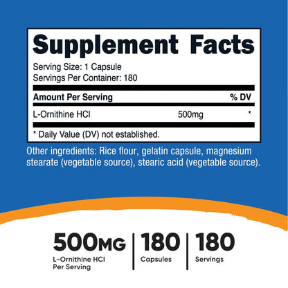 Nutricost L-Ornithin 500mg, 180 Kapseln - Non-GMO & Glutenfrei