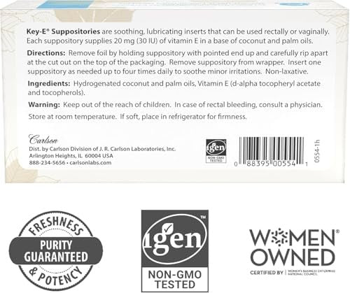 Carlson Key-E Suppositorien, 30 IE (20 mg) Vitamin E, Feuchtigkeitsspendend & Pflegend, für Frauen und Männer, 48 Stück