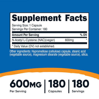 Nutricost N-Acetyl-L-Cystein (NAC) 600mg, 180 Kapseln – Non-GMO, Glutenfrei