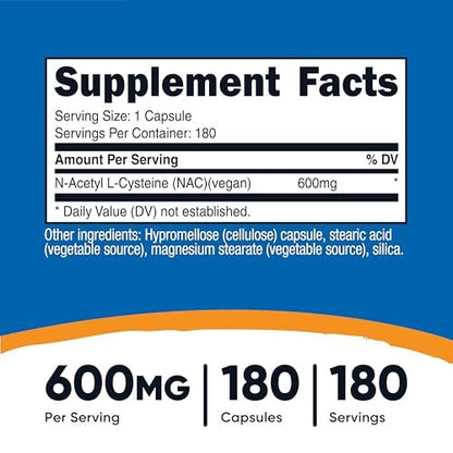 Nutricost N-Acetyl-L-Cystein (NAC) 600mg, 180 Kapseln – Non-GMO, Glutenfrei