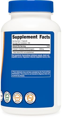 Nutricost N-Acetyl-L-Cystein (NAC) 600mg, 180 Kapseln – Non-GMO, Glutenfrei