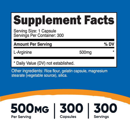 Nutricost L-Arginin 500mg, 300 Kapseln – Glutenfrei und Nicht-GVO