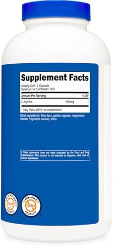 Nutricost L-Arginin 500mg, 300 Kapseln – Glutenfrei und Nicht-GVO