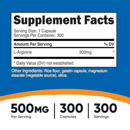 Nutricost L-Arginin 500mg, 300 Kapseln – Glutenfrei und Nicht-GVO
