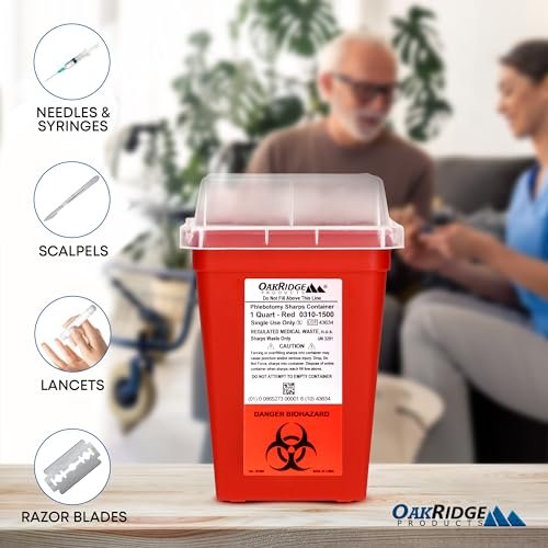 Oakridge Products Sharps Container für den Hausgebrauch und professionelle Nutzung 1 Quart (3er-Pack), Biohazard-Nadel- und Spritzenentsorgung, kleiner tragbarer Behälter für Reisen, CDC-zertifiziert